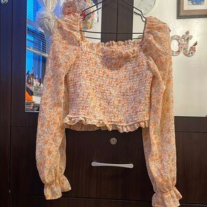 Floral Smocked Square Neck Top - Orange